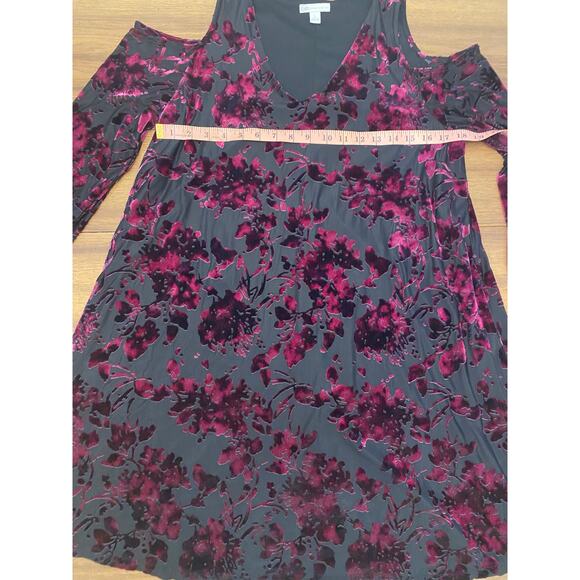 Cato‎ Burgundy Burnout Velvet Long Sleeve Cold Shoulder Midi Dress Size Large - Picture 5 of 6